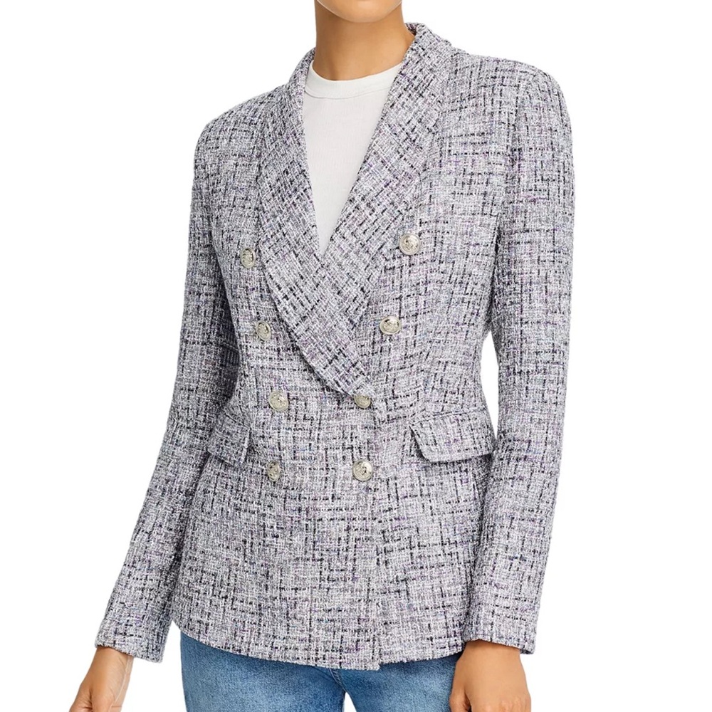 Aqua Tweed Double-Breasted Blazer Size L Purple Gray Classy Elegant Work Chic